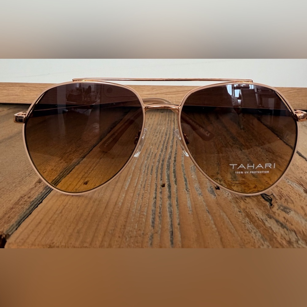 Tahari Rose Gold Angled Aviator Sunglasses